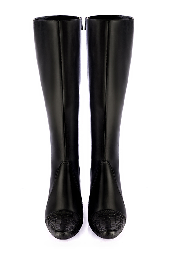 Satin black women's feminine knee-high boots. Round toe. Low flare heels. Made to measure. Top view - Florence KOOIJMAN